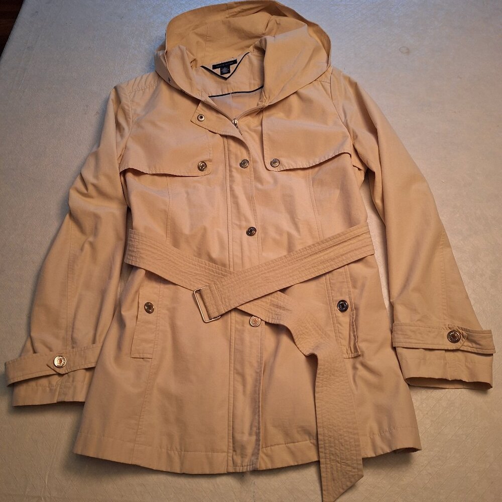 Ladies Belted Lightweight Long Jacket w/ Hood